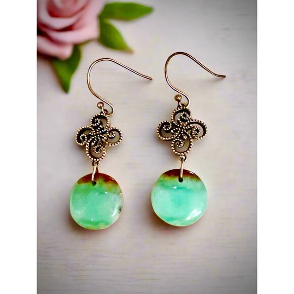 Green Brown Chrysoprase Round Dangle Sterling Silver Earrings 2” Long - Picture 1 of 7